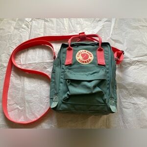 Fjallraven Kanken Sling Bag Green/Grey with Pink/Peach trim and crossbody strap